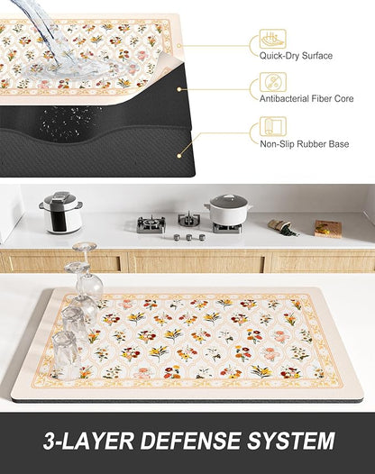 Rnivvi Dish Drying Mat for Kitchen Counter, 12 x 19" Cute Flower Theme Super