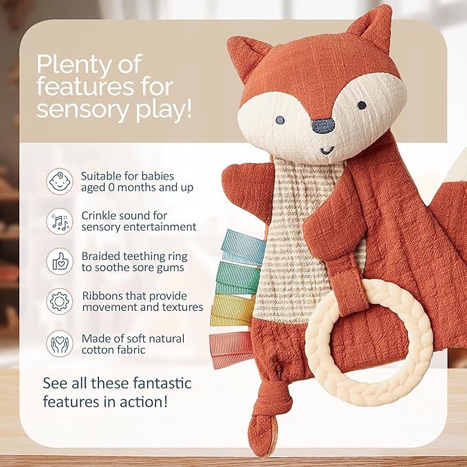 Itzy Ritzy - Bitzy Crinkle Sensory Toy Fox with Crinkle Sound for Babies & Toddlers - Features Soft Braided Teething Ring & Textured Ribbons, Designed for Ages 0 Months and Up, Fox