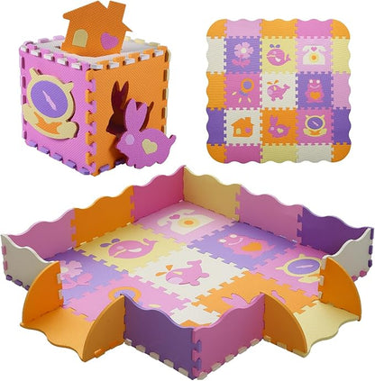 Foam Play Mat for Kids，25Pcs Square Interlocking Puzzle Floor Mat，Baby Play Mat Floor Mat Foam Puzzle Playmat for Toddlers with Fence - 9 Different Animal