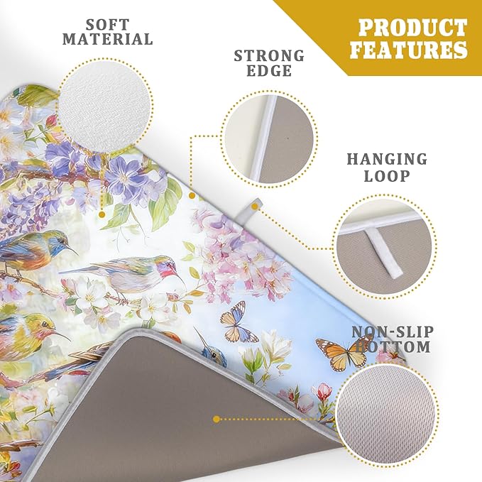 Floral Birds Dish Drying Mat Spring Decoration Absorbent Dish Drain Cloth Mat
