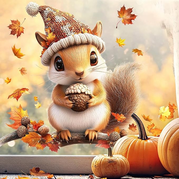 1 Sheet Fall Window Stickers Cute Squirrel Pine Cones Designs Double-Sided Cartoon Animal Decal Fall Leaves Window Clings Autumn Window Clings for Glass Windows for Home School Party Supplies