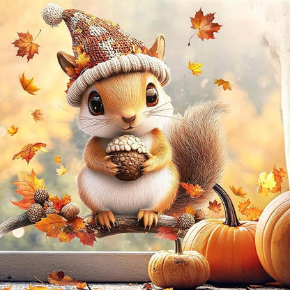 1 Sheet Fall Window Stickers Cute Squirrel Pine Cones Designs Double-Sided Cartoon Animal Decal Fall Leaves Window Clings Autumn Window Clings for Glass Windows for Home School Party Supplies