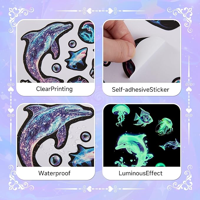 Fantasy Ocean Fish Wall Decals Glow in The Dark, Colorful Neon Ocean Animal Wall Stickers for Kids, Waterproof Vinyl Sea Creature Stickers, Ceiling Walls Room Bathroom Bedroom