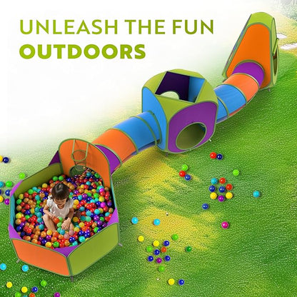 Playz 5-Piece Kids Pop up Play Tent Crawl Tunnel and Ball Pit with Basketball Hoop Playhouse for Boys, Girls, Babies, and Toddlers (Purple, Orange, Yellow, Red, Blue)