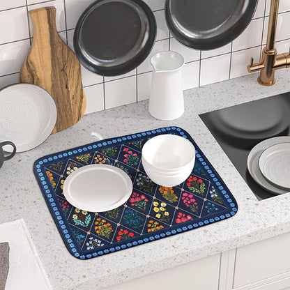 Lapis Blue Dish Drying Mat for Kitchen Counter Flowers Microfiber Absorbent