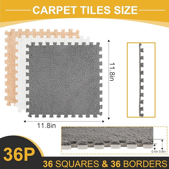 36 Pcs Plush Interlocking Carpet Tiles, Non-Toxic Foam Carpet Tiles for Toddler Baby, Machine-Washable, Anti-Slip, EVA Foam Interlocking Tiles for Floor, Nursery, Playroom, Grey White Light Brown