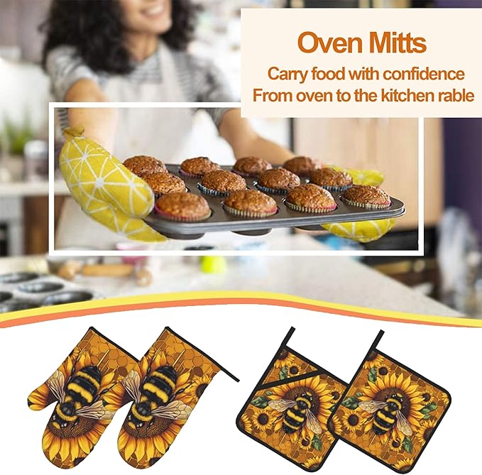 Sunflower Bee Oven Mitts and Heat Resistant Pads
