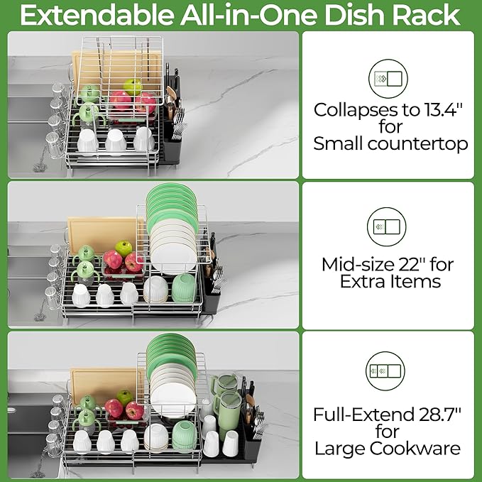 Large 2 Tier Dish Drying Rack, Extendable Dish Rack, Stainless Steel Anti-Rust
