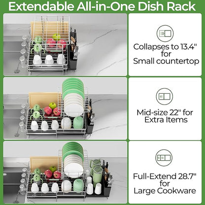 Large 2 Tier Dish Drying Rack, Extendable Dish Rack, Stainless Steel Anti-Rust