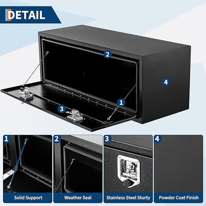 Black Steel Underbody Truck Box, 48"×18"×18" Pickup Storage Box, Heavy Duty Diamond Plate Tool Box with Lock and Keys, Waterproof Trailer Storage Box with T-Handle Latch for Truck, Van, Trailer