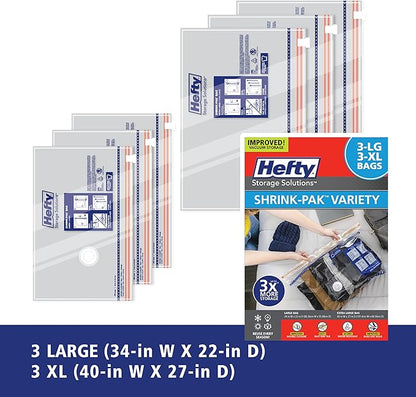 Hefty Shrink-Pak Vacuum Storage Bags - Space Saver for Under Bed Storage, Clothing and Comforters, Odor Resistant, 3X More Storage Space - 3 Large, 3 XL Bags