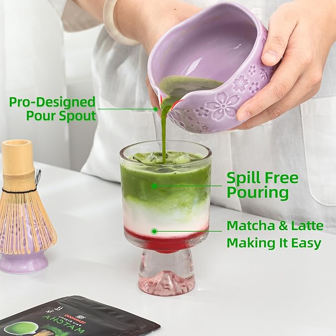 TEANAGOO 7-PCS Purple Matcha Whisk Set with Cherry Blossom Design, Complete Ceremony Kit, Ceramic Chawan Bowl with Spout, Whisk & Accessories, Traditional Matcha Tea Set for Lattes& Gift Giving