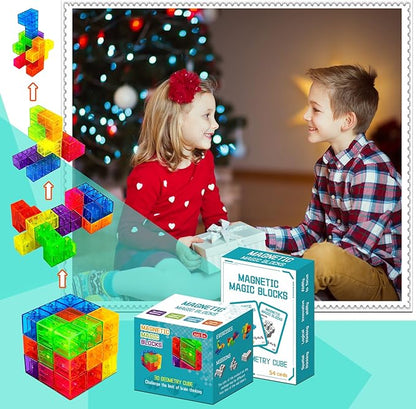 Magnetic Building Blocks Magic Magnetic 3D Puzzle Cubes, Set of 7 Multi Shapes Magnetic Blocks with 54 Guide Cards,Parent-Child Interactive Children's Educational Toys (7color)