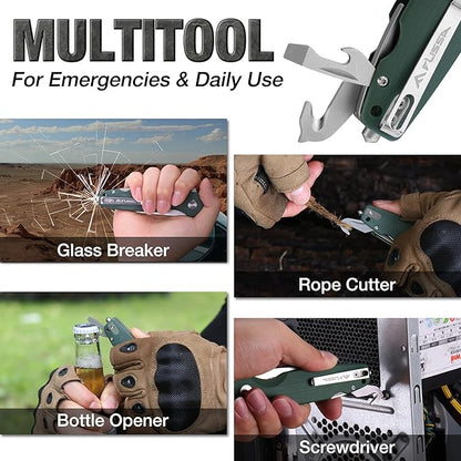 FLISSA Multitool Pocket Knife, 3.3" D2 Blade with G10 Handle, Liner Lock Folding Knife with Glass Breaker, Screwdrivers, Bottle Opener & Rope Cutter for EDC, Survival, Camping, Hiking