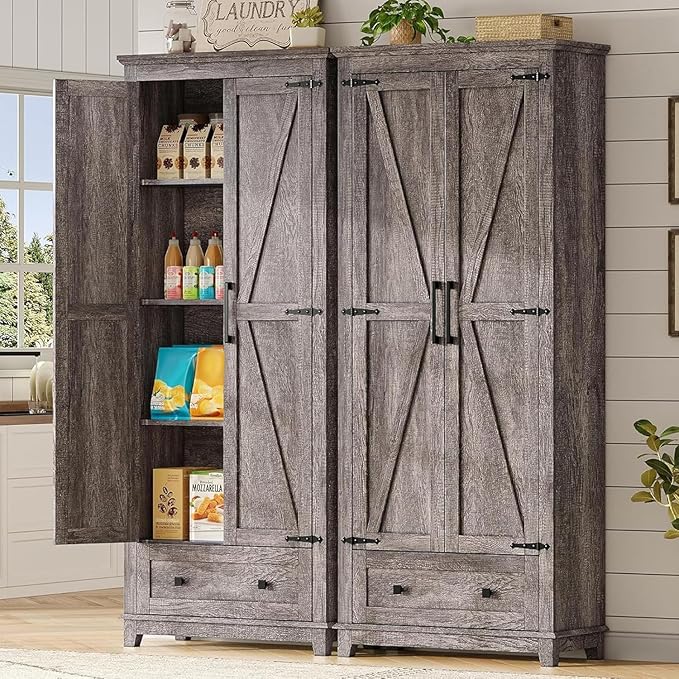 AMERLIFE 2 Pcs Farmhouse Kitchen Pantry Cabinet, 72" Tall Storage Cabinet with Adjustable Shelves & Barn Doors & Drawer, Freestanding Kitchen Cupboard for Dining Room, Living Room, Rustic Grey