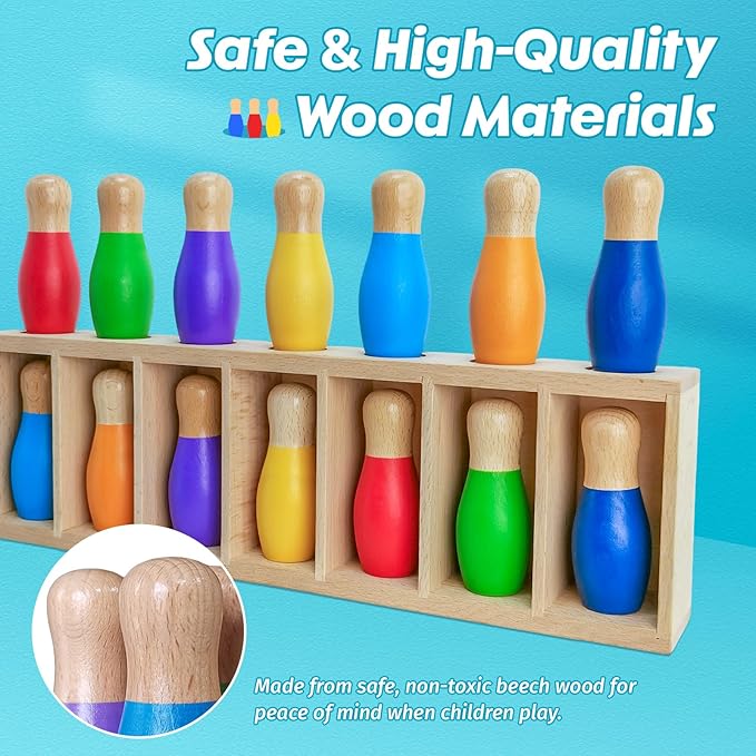 Color Matching Toy Set for Kids, Wooden Bowling Color Matching Game with 7 Bright Pins and Storage Bag, Matching Games for Kids Family Party Birthday Gift, Fun Party Game for Boys Girls