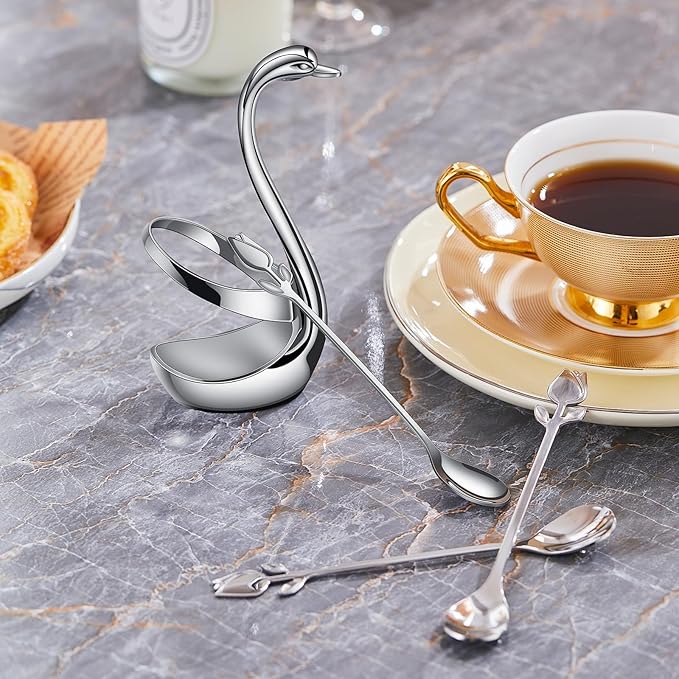 Silver Small Coffee Spoon Holder Set, Swan Base
