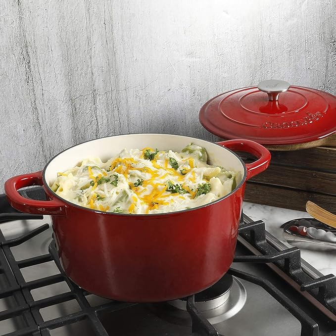 Crock Pot Artisan 5-Quart Round Enameled Cast Iron Dutch Oven – Red, Durable