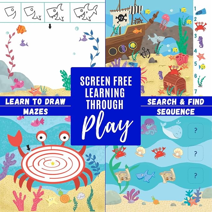 Totebook Kids Travel Educational Activity Book with Washable Markers - Car and Airplane Activities, Learning Toys for Toddlers- Search and Find, Reusable Stickers for Ages 4, 5, 6 (Ocean)