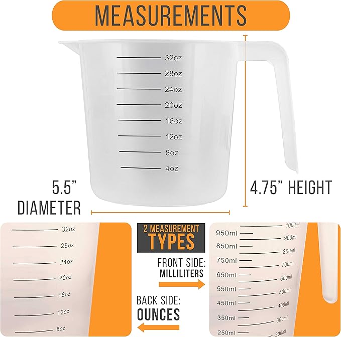 U.S. Kitchen Supply Plastic Measuring Cups - 32 oz Liquid Measuring Cup Set of