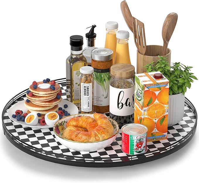 21" Black and White Kitchen Lazy Susan Turntable, Round Checkered Decorative