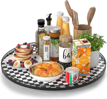 21" Black and White Kitchen Lazy Susan Turntable, Round Checkered Decorative