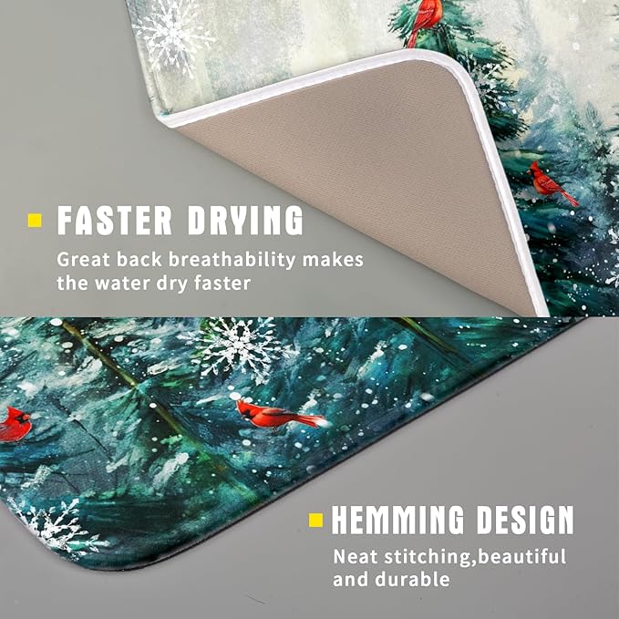 Pine Tree Dish Drying Mat for Kitchen Countertop Red Bird Dishes Mats Winter