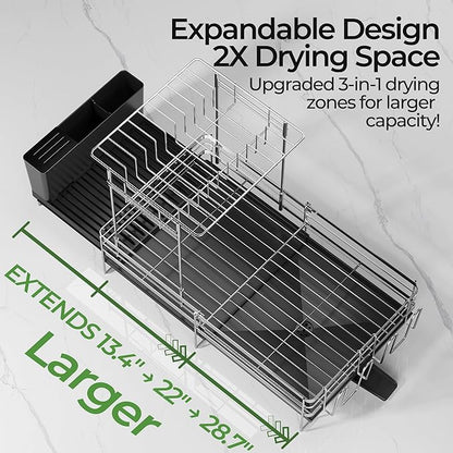 Large 2 Tier Dish Drying Rack, Extendable Dish Rack, Stainless Steel Anti-Rust