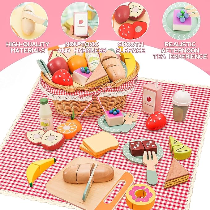 Wooden Picnic Basket Toy Set with Realistic Play Food - Kids Pretend Play Kitchen Accessories for Toddlers 3-8, Wood Play Food for Imaginative Tea Party & Outdoor Fun