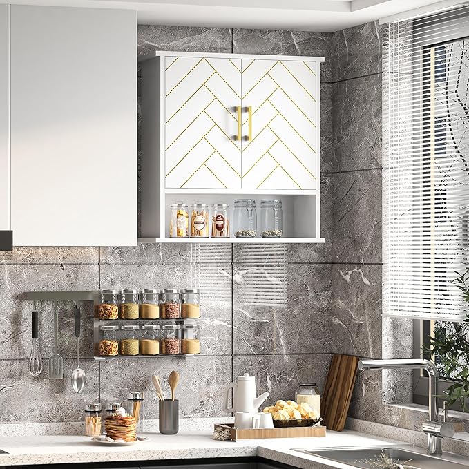 White Chevron Pattern Bathroom Wall Mount Cabinet, Stylish Hanging Medicine