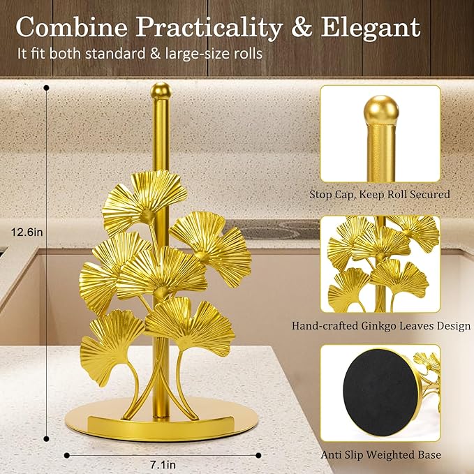 Vintage Gold Ginkgo Paper Towel Holder Countertop