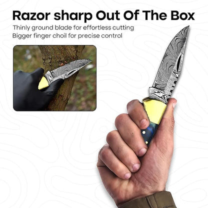 Handmade Damascus Pocket Knife for Men - 6.5 Inch Damascus Knife with Sheath - Damascus Folding Knife - Damascus Hunting Knife - Damascus Steel Pocket Knives with Back Lock for EDC, Camping, Hiking