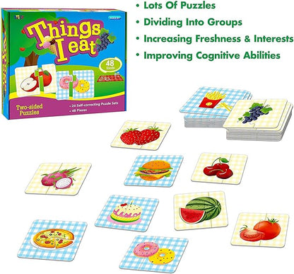 48 Food Matching Puzzles with Error-Correction Mechanism Pre-Primer in 2 Pieces, Perfect for Preschool Learning (24 Blocks Double Sided)