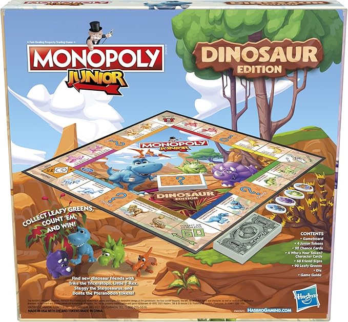 Hasbro Gaming Monopoly Junior Dinosaur Edition Game | Kids Board Games with Dino-Themed Toy Tokens | 2-4 Players for Boys & Girls | Ages 5+ (Amazon Exclusive)