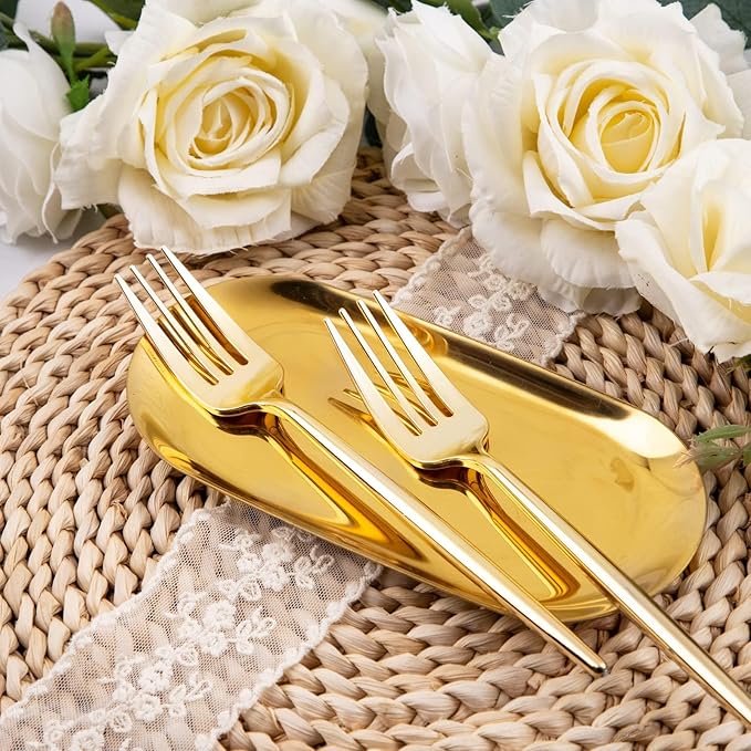U-QE 180Pcs Gold Plastic Forks - 7.6 Inch Heavy Duty Plastic Forks, Heavyweight Gold Plastic Silverware Perfect For Parties & Weddings and Other Daily Events