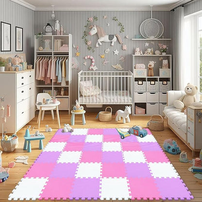 qqpp EVA Rubber 18 Tiles Interlocking Puzzle Foam Floor Mats - Baby Play Mat for Playing | Exercise Mat for Home Workout. White, Pink, Purple. QC-ACKb18N