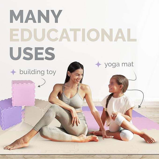 TOYVELT Ultimate Foam Play Mat Set 12x12-16 Interlocking Floor Tiles for Kids - Non Toxic, Colorful Foam Puzzle Mats - Safe and Durable - Ideal Play Mat for Toddlers 1-3 - Pink-Purple-Beige