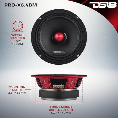 DS18 PRO-X6.4BM Loudspeaker - 6.5", Midrange, Red Aluminum Bullet, 500W Max, 250W RMS, 4 Ohms - Premium Quality Audio Door Speakers for Car or Truck Stereo Sound System (1 Speaker)