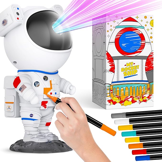 Color My Astronaut Galaxy Projector - DIY Spaceman Night Light with Acrylic Markers Kit - Paint Your Own Lamp - Arts and Craft for Kids Ages 4-8 - Unique Christmas Gift for 5-10 Year Old Boys