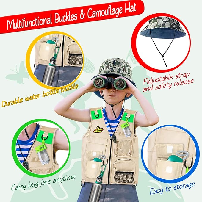 ESSENSON Outdoor Explorer Kit & Bug Catcher Kit with Vest, Outdoor Toy Gift for 3 4 5 6 7 8+ Year Old Boys Girls Kids Binoculars, Magnifying Glass, Butterfly Net, Camping, Adventure