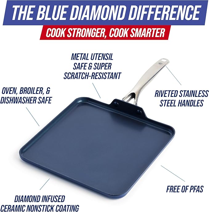 Blue Diamond 11" Nonstick Square Griddle Pan, Non Toxic PFAS-Free Diamond