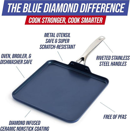 Blue Diamond 11" Nonstick Square Griddle Pan, Non Toxic PFAS-Free Diamond