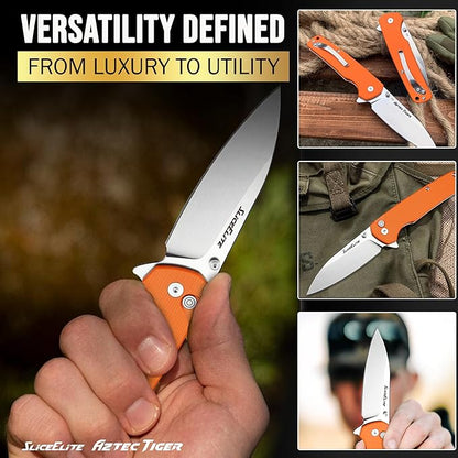 SliceElite 3.6-Inch Aztec Tiger Folding Knife | Pocket Knife with Orange G10 Composite Handle, D2 Steel Drop Point Blade & Stainless Steel Pocket Clip | EDC Gear Knife with Button Lock for Outdoor Use