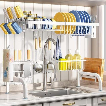 Over The Sink Dish Drying Rack, Adjustable 2 Tier Metal Steel Dish Drying Racks