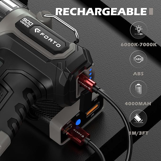 FORTO Compact Rechargeable Spotlight with Adjustable Focus, Handheld Spot Light with Stand, 823m Range, 3 Light Modes and LED Spot Lights Outdoor for Boating Hunting Camping Hiking