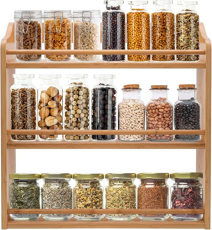 3 Tier Bamboo Spice Rack, Seasoning Jars Rack Shelf Spice Organizer