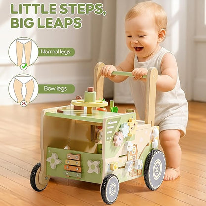 ROBUD Wooden Baby Walker, Baby Push Walker for 10+ Months, Montessori Push Toy, Adjustable Speed & Height Learning Toy with Activity Panel (Rustic Farm Adventure Theme)