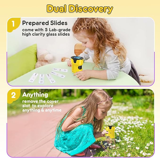 1000X Handheld Microscope for Kids 4K 2.0" Screen Rechargeable Mini Pocket Digital Microscopes w/Slides Kit Portable Edu Gift Age 4-6 8-12 Children Students (Yellow)