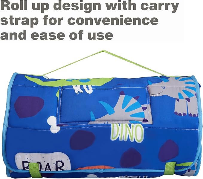 EVERYDAY KIDS Nap Mat with Removable Pillow - Roarin' Dinos - Carry Handle with Straps Closure, Rollup Design, Soft Microfiber for Preschool, Daycare, Travel Sleeping Bag - Ages 3-6 Years