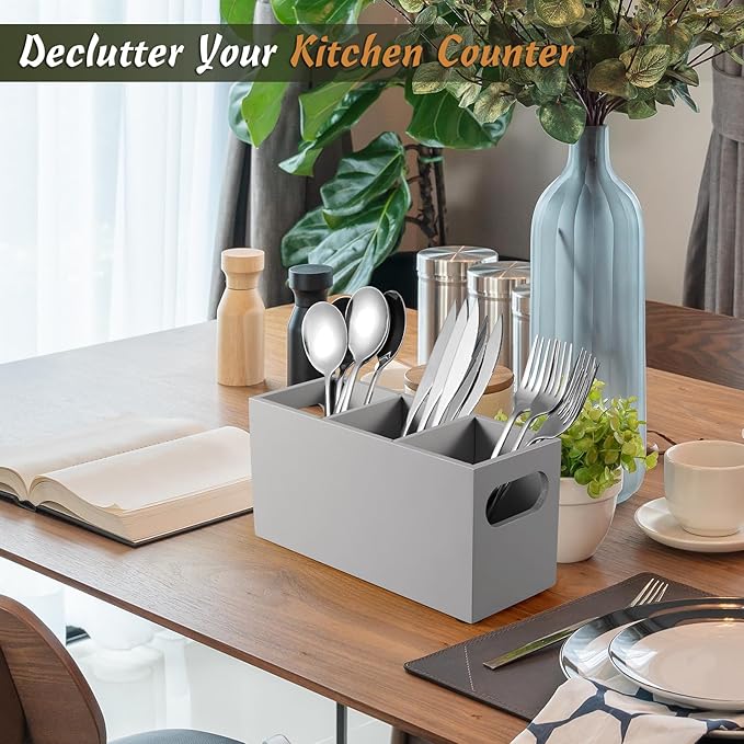 DRASTAR Wooden Silverware Caddy, Flatware Cutlery Holder, Kitchen Utensil Holder
